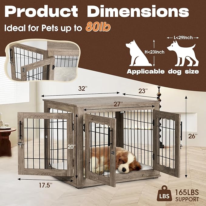 Dog Crate Furniture with Cushion,Dwell Living 32 inch Wooden Kennel Table with Double Doors, Indoor Dog House End Table for Small/Medium Dog, Grey (32x23x26in)