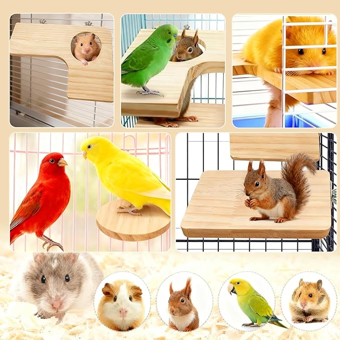 5 Pcs Wooden Hamster Cage Platform Hamster Rectangle L-Shaped Round Accessories Bird Cage with Wood Perches Stand Board for Mouse Squirrel Gerbil Guinea Pig Birds Parrots Activity Playground