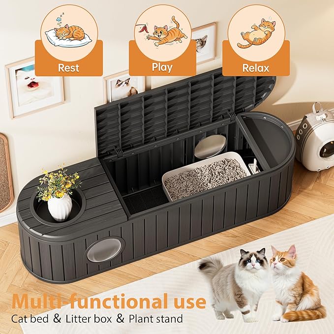 Hidden Litter Box Furniture for 2 Cats, Cat Litter Box Enclosure with Round Lift-up Door, Large Cat Cabinet, Indoor Cats House with Two Exits Black