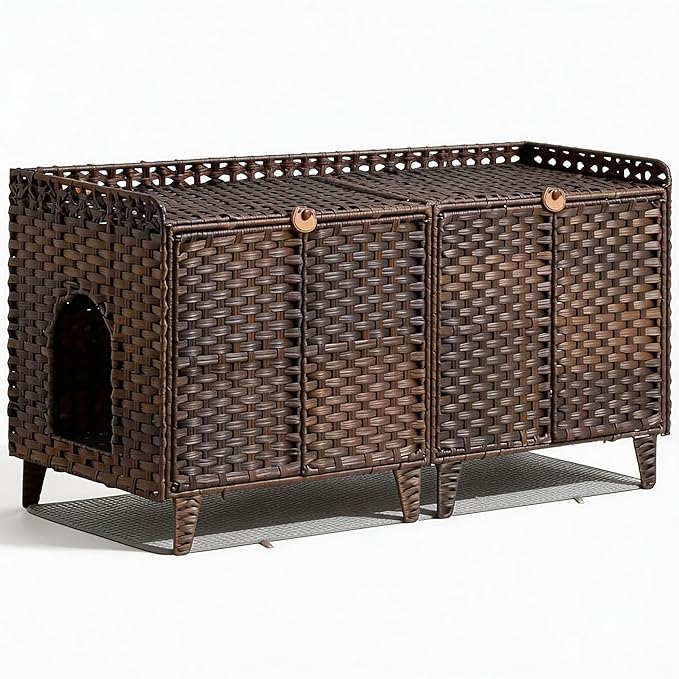 GAOMON Cat Litter Box Enclosure Furniture, Handwoven Rattan Cat Houses, Hidden Cat Washroom Furniture with Door/Mat, Large Space Cat Houses with S-Shaped Hooks, Living Room, Bedroom, Brown