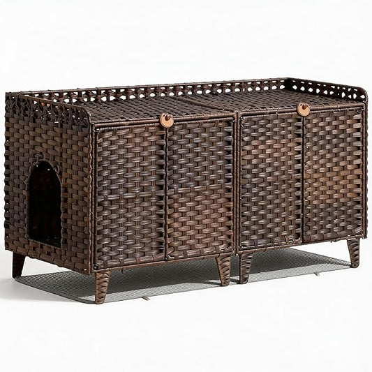 GAOMON Cat Litter Box Enclosure Furniture, Handwoven Rattan Cat Houses, Hidden Cat Washroom Furniture with Door/Mat, Large Space Cat Houses with S-Shaped Hooks, Living Room, Bedroom, Brown