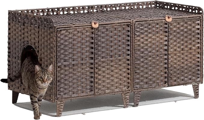 Double Litter Box Enclosure for 2 Cats - Rattan Hidden Cat Furniture with Litter Mat 2 Hooks & Doors, Large Cat House for 2 Litter Boxes, Easy Clean, 47.2" l x 19.7" w x 23.6" h Brown