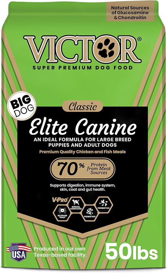 VICTOR Super Premium Dog Food – Elite Canine Dry Dog Food with Chicken & Fish Meal – 25% Protein, 14% Fat, Gluten Free – for Large Breed Dogs & Puppies, 50lbs