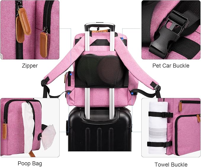Modoker Dog Travel Bag, Airline Approved Backpack for Pet Accessories Organizer with 2 Food Storage, 2 Collapsible Bowls, Pink