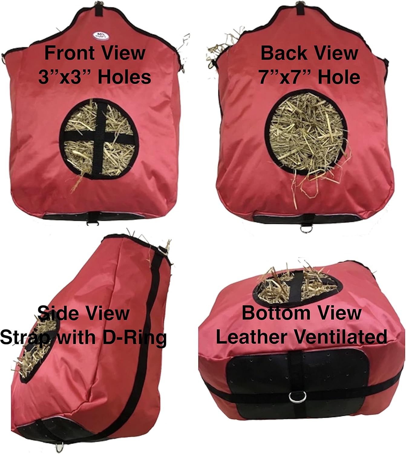 Majestic Ally Nylon Hay Feeder Tote Bag for Horse, Goat, Sheep - Double Sides Open Feed Hole with Faux Leather Ventilated Bottom- Premium Quality -Simulates Grazing - Reduces Waste (RED)
