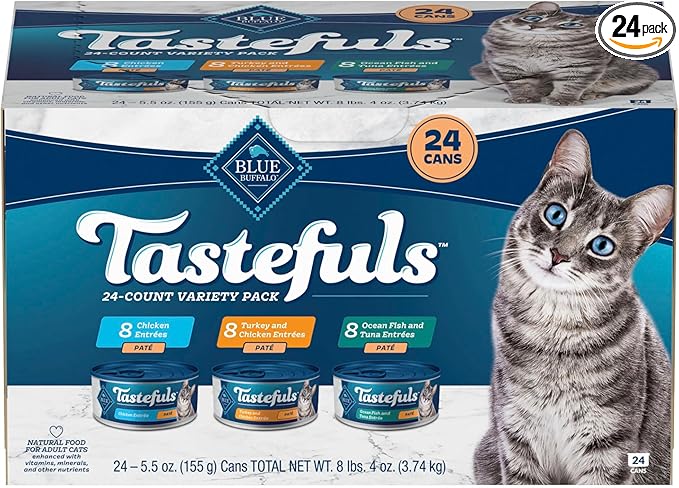 Blue Buffalo Tastefuls Wet Cat Food Paté Variety Pack, Made with Natural Ingredients, Chicken, Turkey & Chicken, Ocean Fish & Tuna Entrées, 5.5-oz Cans (24 Count, 8 of Each)