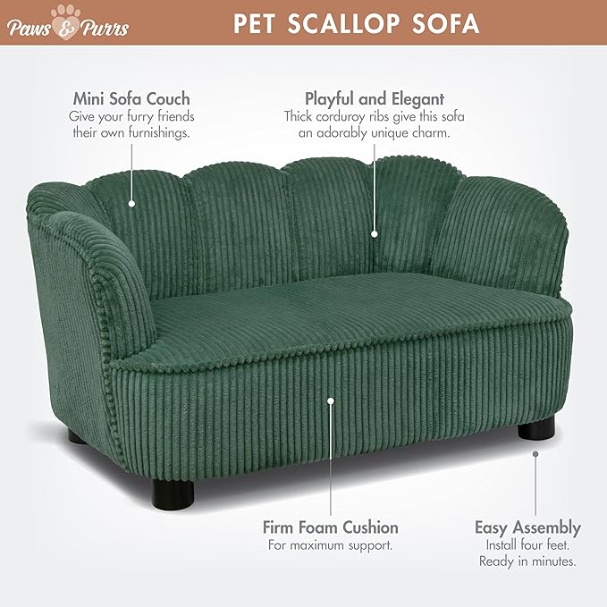 Paws & Purrs Retro Scalloped Back Sofa Style Pet Bed, Dog & Cat Couch with Tufted Cushion & Armrest, Stylish Indoor Pet Furniture, Sage