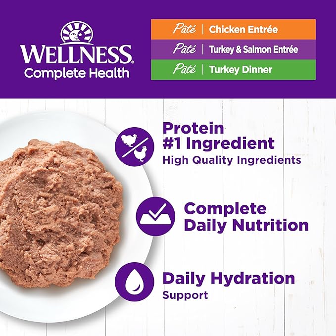 Wellness Complete Health Pate Adult Wet Cat Food,Natural,Protein-Rich,Grain-Free,3 Ounce,(Chicken & Turkey Variety Pack),(Pack of 48)