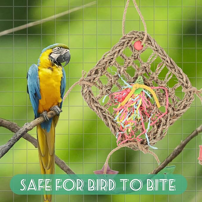 FRCOLOR Natural Seagrass Birdcage Hanging Woven Hammock for Parrots Parakeets Foraging Climbing Chewing Safe Cage Accessory