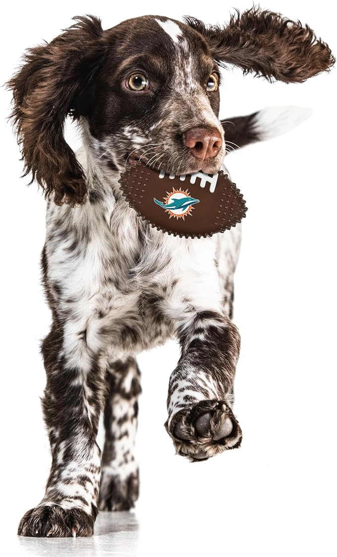 NFL Miami Dolphins Mega- Chew Hard Nylon Bacon-Flavored Dog Bone Football Chew Toy Interactive Tasty Fun Dog Chewy Toys Indestructible Strong Durable Tough Pet Biting Playtoy for Aggressive Chewers