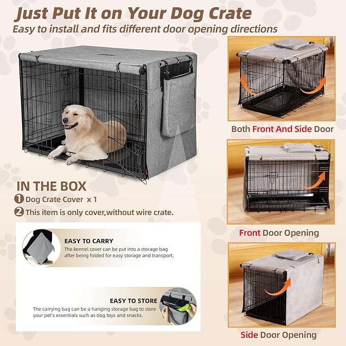 Dog Crate Cover 42 Inch, Heavy Duty Waterproof 600D Oxford Kennel Cover for Wire Cages with 1/2/3 Doors, Privacy Pet Cover with Storage Bag - Machine Washable, Indoor/Outdoor,Gray