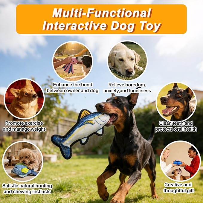 Recycled Canvas Tuna Squeaky Dog Toy for Chewers Puppy Teething Chew Toy Cute Blue Fish Stuffed Animal Durable Interactive Dog Squeak Toy for Small Medium Large Dogs Toy Gift 32.5cm/12.8in