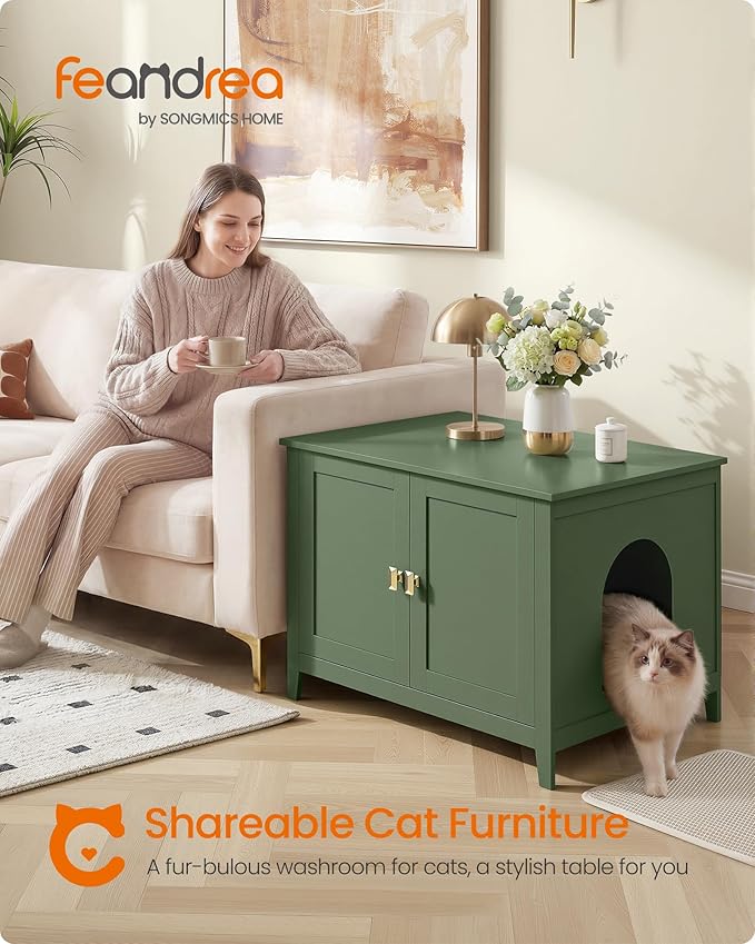 Feandrea Cat Litter Box Enclosure, Modern Hidden Cat Litter Box Furniture, Double Doors, Handles, Indoor Pet House Washroom, Living Room Side End Table, Forest Green UPCL015CH01