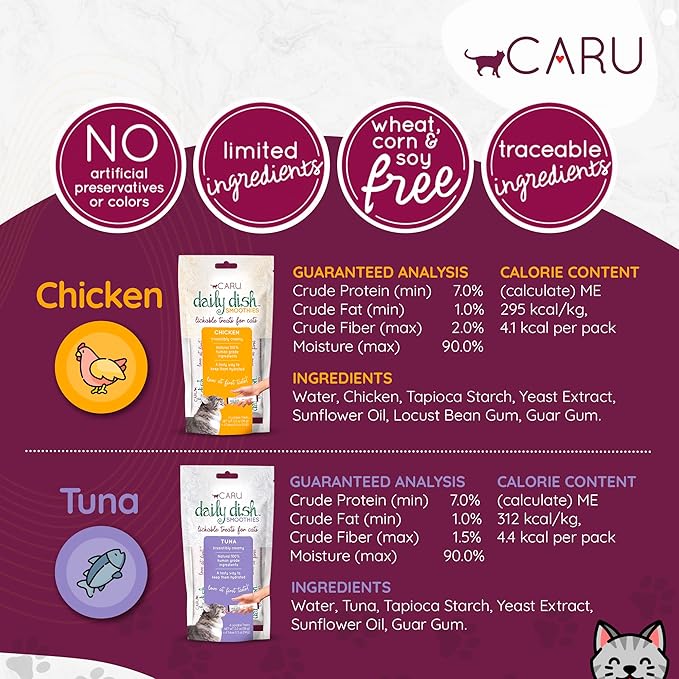 Caru - Daily Dish Smoothies - Lickable Chicken Cat Treat - 4 Pouches Per Pack - Pack of 6