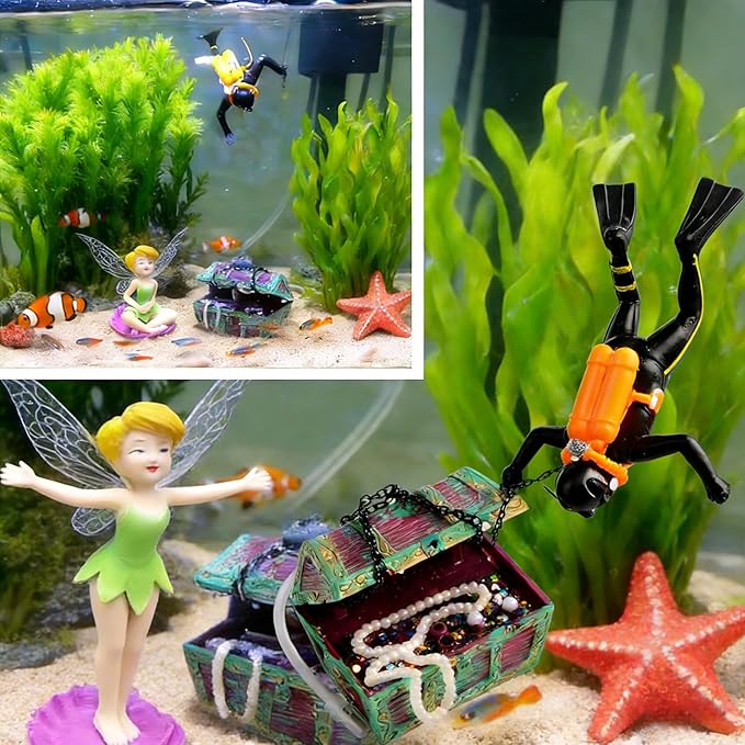 Resin Live-Action Aerating Aquarium Ornament, Undersea Treasure Chest with Diver, Air Bubbler Fish Tank Decor for Freshwater Saltwater Aquascape & Aquatic Pet Hideout