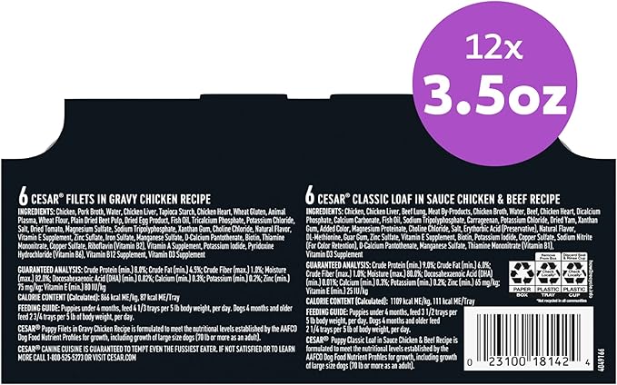 Cesar Classic Loaf in Sauce Wet Dog Food Butcher's Selects Variety Pack, Dry-Aged Ribeye Flavor and Filet Mignon Flavor, 3.5 oz. Easy Peel Trays, Variety Pack (12 Count, Pack of 1)