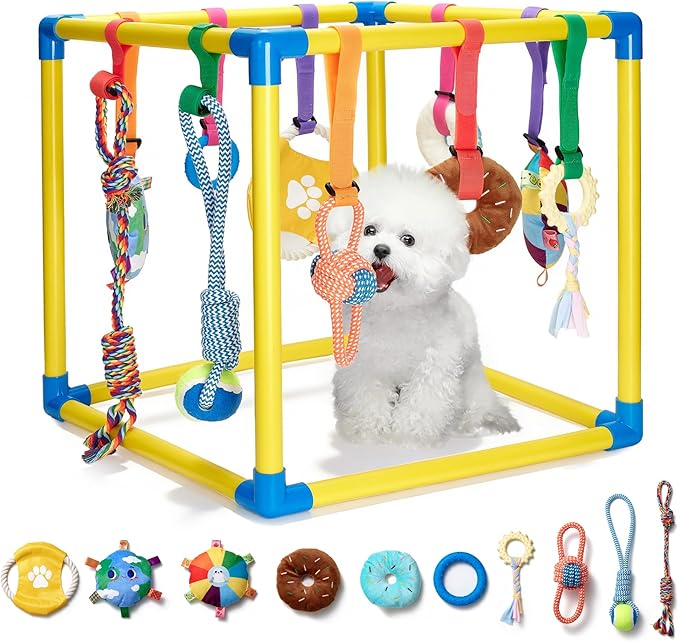 Puppy Play Gym with 10 Hanging Toys, 19.6" Dog Jungle Gym PVC Frame with 10 Interactive Enrichment Toys & Straps for Small Dogs Cats, Indoor Funny Puppy Gym Pet Supplies Essentials