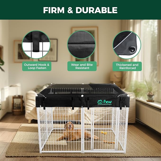 FXW Homeplus Indoor Dog Playpen with Square Mesh Top Cover for Escape Prevention, 40 Inch 8 Panels Heavy Duty Dog Pen for Medium and Large Dogs, White│Patented