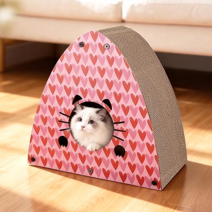 CSR1006C Koko 19" Modern Cardboard Triangle Cat Cave Scratcher with Catnip, Pink/Red, 2-in-1 Corrugated Cat House Hideaway & Scratching Board for Cats, Durable Furniture Protector