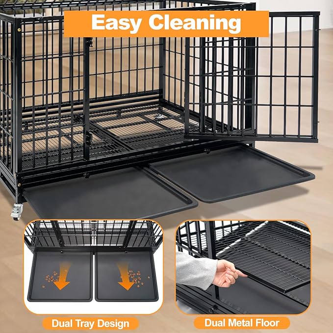 Homey Pet Heavy Duty Dog Crate for Large Dogs, 47 Inch Stackable Large Dog Cage with 4 Wheels, 2 Removable Trays and Grids, Multi Locks Strong & Solid Escape Proof Dog Kennel Indoor
