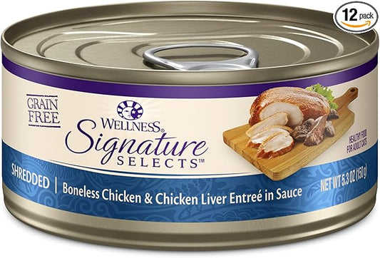 Wellness CORE Signature Selects Shredded Adult Canned Wet Cat Food, Natural, Protein Rich, Grain Free, Chicken Entrée Recipe, 5.3 oz, Pack of 12 Cans