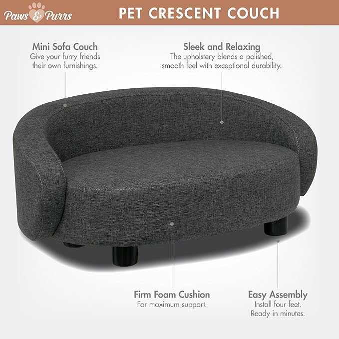 Paws & Purrs Arc Crescent Back Sofa Style Pet Bed, Dog & Cat Modern Couch with Tufted Cushion & Armrest, Stylish Indoor Pet Furniture, Dark Gray