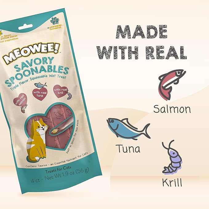 MEOWEE! Savory Spoonables with Real Salmon, Tuna and Krill for Cats, 4 Count, Treat Your Cat to Triple Flavor Squeezable Lickable Wet Treats with Built-in Spoon for Less Mess