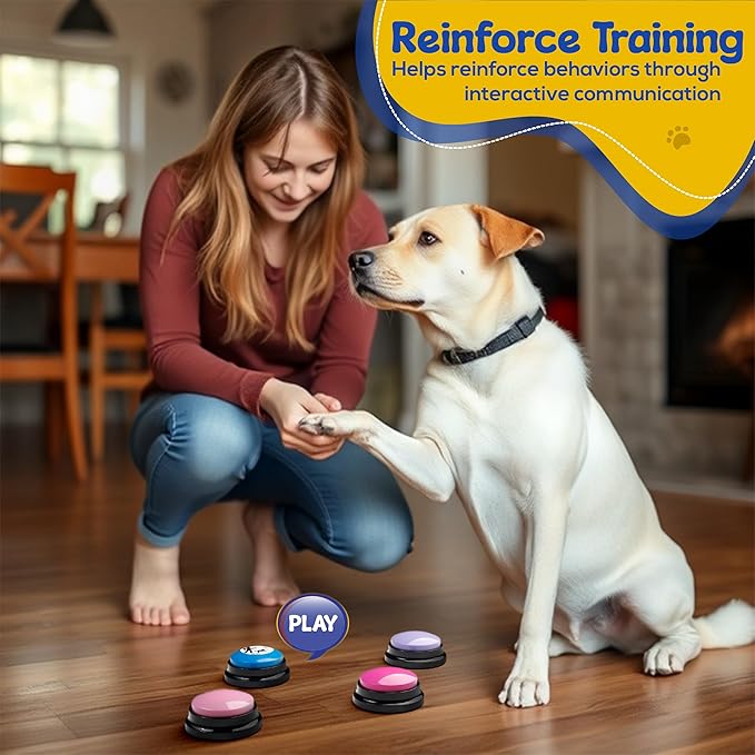 Dog Buttons for Communication – Dog Talking Buttons Starter Set with Mat & Clicker, Recordable Button Talking Buttons for Dogs, Voice Recording Button, Dog Training Buttons (Pack of 8)