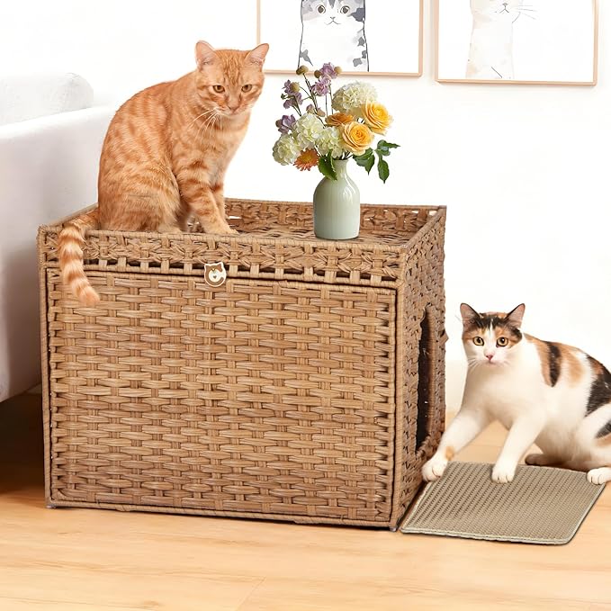 PeakPursuit Rattan Litter Box Enclosure Hidden Cat Furniture with Removable Litter Mat, Natural Cat House End Table, Easy Assembly, 27.5" l x 20.5" w x 22" h Natural Color