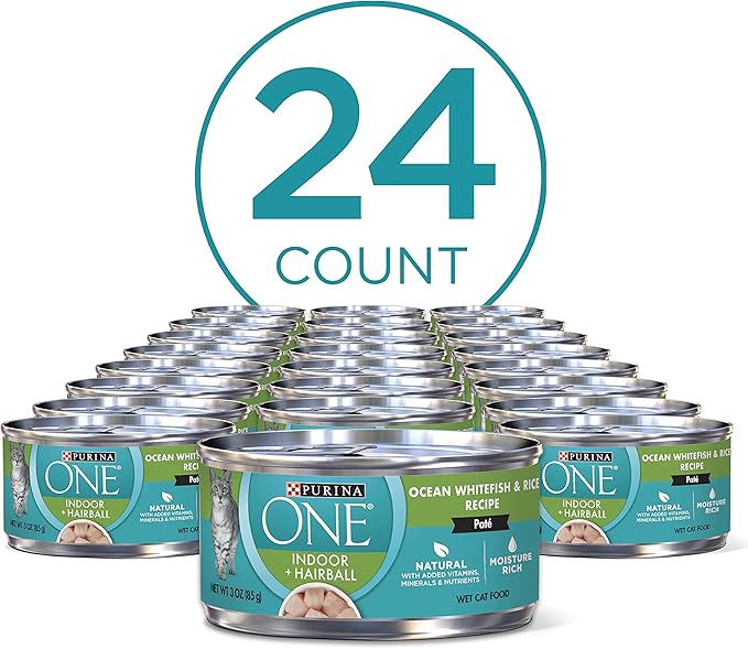 Purina ONE Indoor, Natural, High Protein Pate Wet Cat Food, Indoor Advantage Ocean Whitefish & Rice - (24) 3 oz. Pull-Top Cans