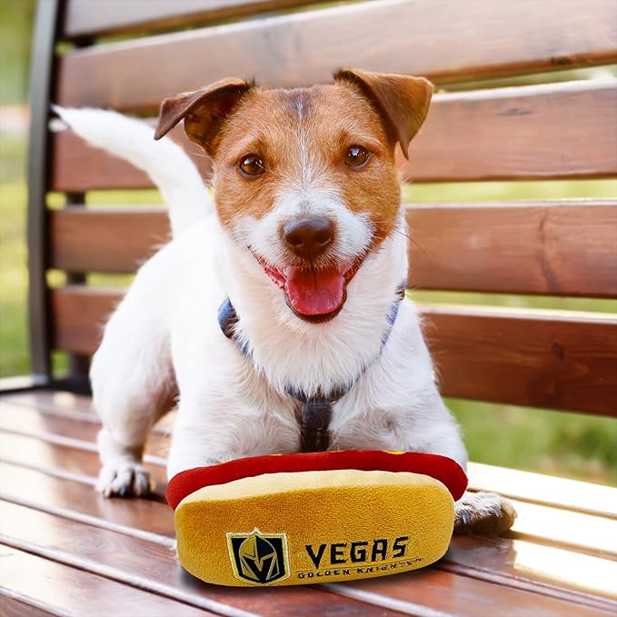 Pets First NHL LAS Vegas Golden Knights HOT Dog Plush Dog & CAT Squeak Toy - Cutest HOT-Dog Snack Plush Toy for Dogs & Cats with Inner Squeaker & Beautiful Hockey Team Name/Logo 8 x 5 x 3 Inches