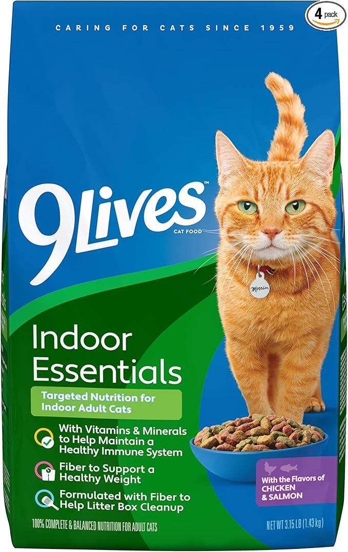 9Lives Indoor Essentials Dry Cat Food for Adult Cats with Chicken & Salmon Flavors, 3.15 lb. Bag (Pack of 4)