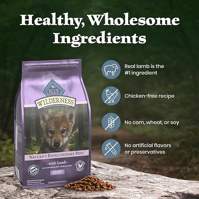 Blue Buffalo Wilderness 37 g Protein, Meat Rich Natural Puppy Dry Dog Food, Lamb, Chicken-Free Formula, 13lb Bag