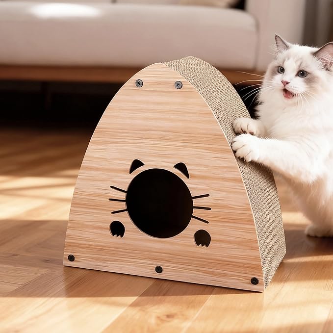 CSR1006H Koko 19" Modern Cardboard Triangle Cat Cave Scratcher with Catnip, Brown Wood Pattern, 2-in-1 Corrugated Cat House Hideaway & Scratching Board for Cats, Space-Saving