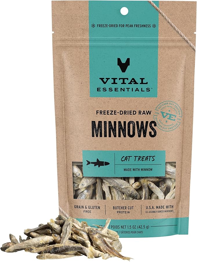 Vital Essentials Freeze Dried Minnows Cat Treats | Single Ingredient | Premium Quality | Grain Free, Healthy Treats for Cats, 1.5 oz Bag