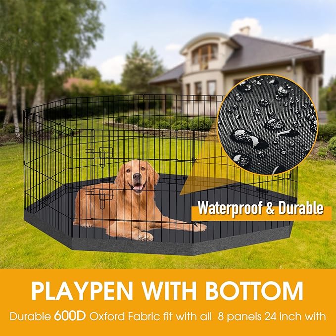 Dog Pet Playpen 8 Panel 24 Inch with Bottom Pad for Small Medium Pets Indoor Outdoor (Black Bottom Pad)