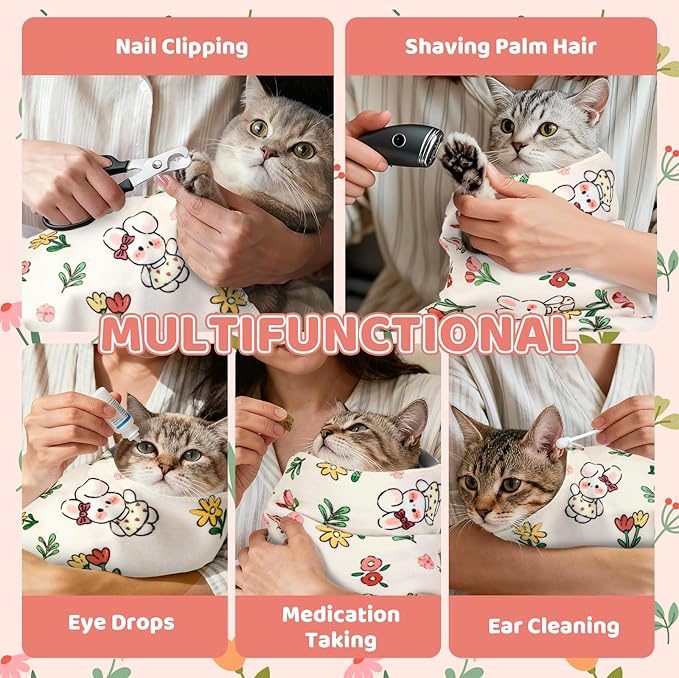 27.6" Cat Grooming Wrap for Cutting Nails, Rabbit Pattern Self-Adherent Fabric Wrap for Cats, Anti-Scratch Anti-Escape Multifunctional Cat Swaddle Tool for Teeth Brushing, Ear Cleaning