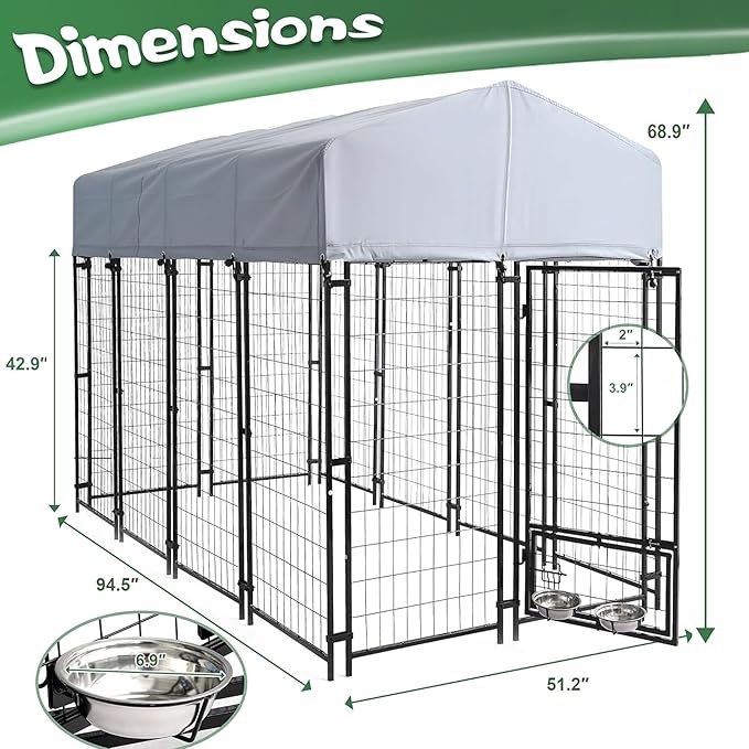 8x4x6 FT Outdoor Dog Kennels for Large Dogs, Heavy Duty Welded Wire Steel Outside Dog Kennel with Roof, Dog Pens with 2 Rotating Dog Bowls, Dog Playpen Fence with Secure Lock for Backyard