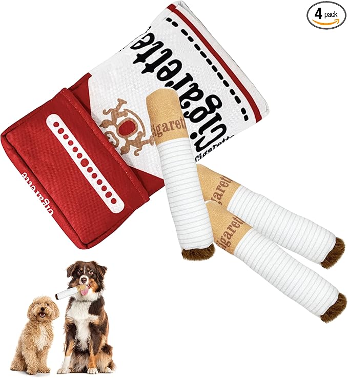 Funny Cigarettes Dog Toy - 4Pcs Interactive Dog Teething Toys Squeaky Cigar Pet Toy Indoor Bite Kick Plush Dog Cat Toys Supplies for Puppies Small Dogs Pet Present Cats Pet Lovers Gift