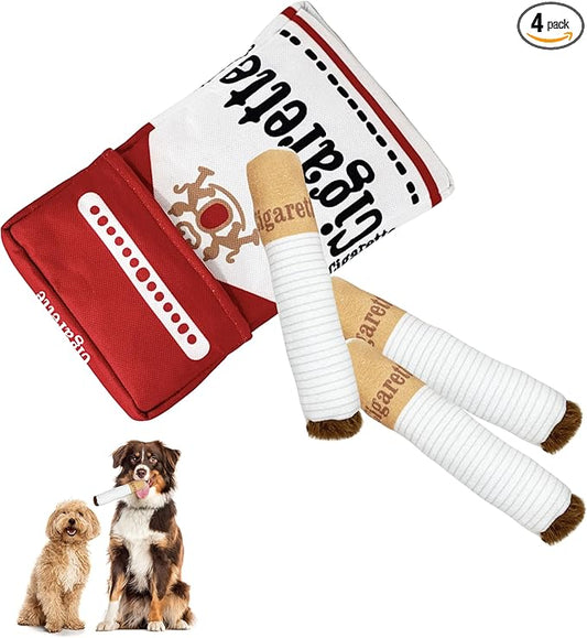 Funny Cigarettes Dog Toy - 4Pcs Interactive Dog Teething Toys Squeaky Cigar Pet Toy Indoor Bite Kick Plush Dog Cat Toys Supplies for Puppies Small Dogs Pet Present Cats Pet Lovers Gift