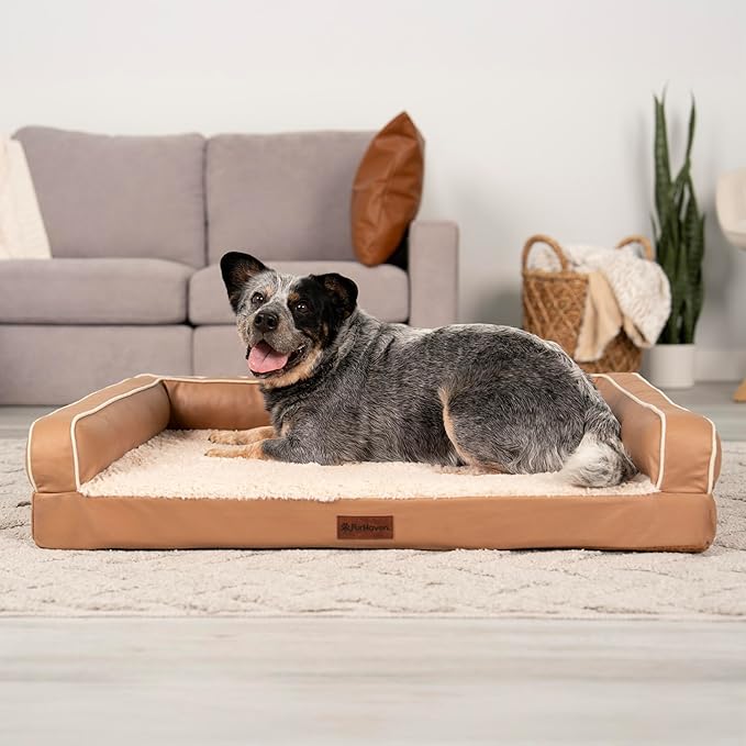 Furhaven Cooling Dog Sofa Bed – Memory Foam Couch with Bolsters, Textured Plush & Water-Resistant Cover, Washable Cover - Camel, Large