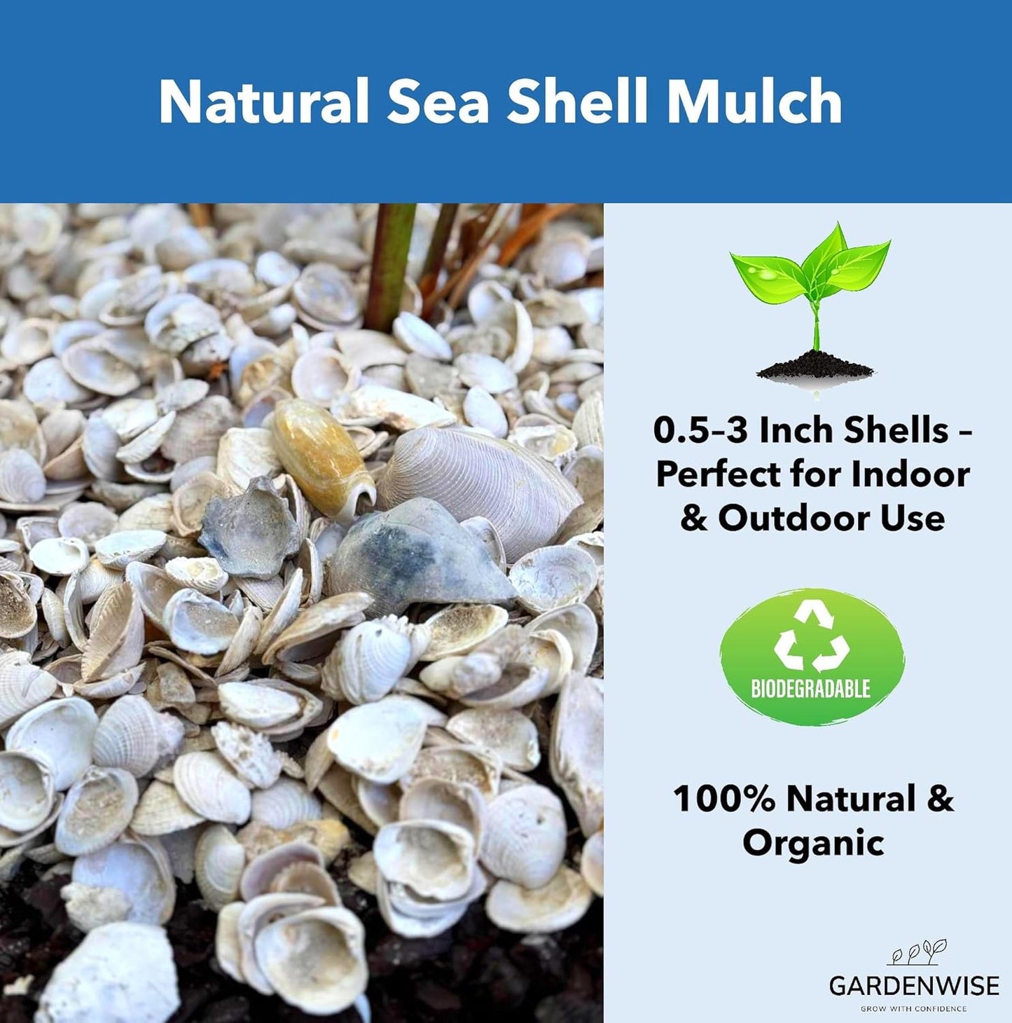 Natural Organic Sea Shell Mulch for Gardens and Landscaping – Decorative and Nutrient-Rich, 0.5–3-Inch Shells, Perfect for Indoor and Outdoor Use (2 CF - 56 L - 60 QTS)