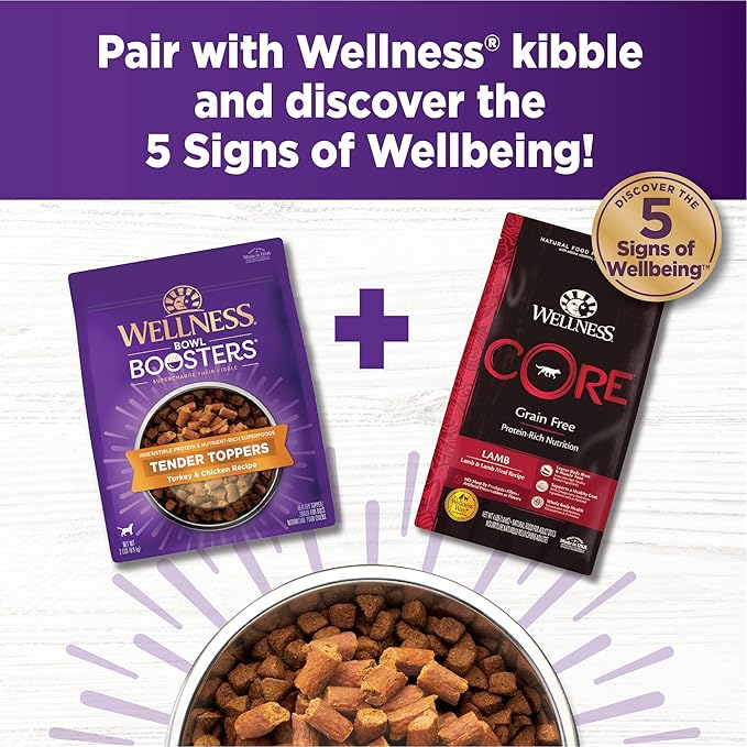 Wellness Bowl Boosters Tender Toppers Dog Food Topper for Small, Medium, and Large Breeds, Grain Free, Natural, Turkey and Chicken Recipe, 2 lb Bag