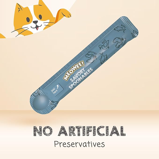 MEOWEE! Savory Spoonables with Real Tuna, Chicken & Duck, 8 Count Tube, Triple Flavor Squeezable Lickable Wet Treats for Cats with Built-in Spoon for Less Mess (Pack of 2)