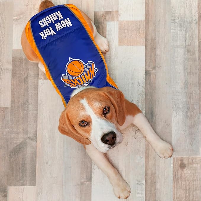 NBA New York Knicks Puffer Vest for Dogs & Cats, Size Large. Warm, Cozy, and Waterproof Dog Coat, for Small and Large Dogs/Cats. Best NBA Licensed PET Warming Sports Jacket