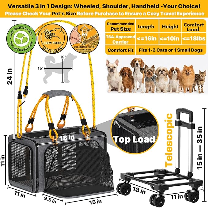 PAWZIDEA Expandable Pet Carrier with Wheels, 18"x11"x11" TSA Airline Approved Cat Carrier for 2 Cats Under Seat, Collapsible Soft-Sided Small Dog Rolling Travel Bag with Telescopic Handle, Up to 18lbs