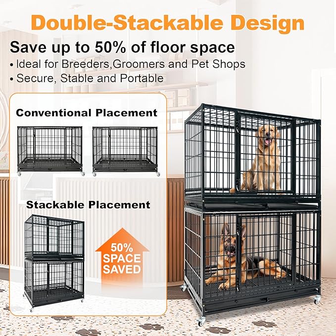 Homey Pet Heavy Duty Dog Crate for Large Dogs, 47 Inch Stackable Large Dog Cage with 4 Wheels, 2 Removable Trays and Grids, Multi Locks Strong & Solid Escape Proof Dog Kennel Indoor