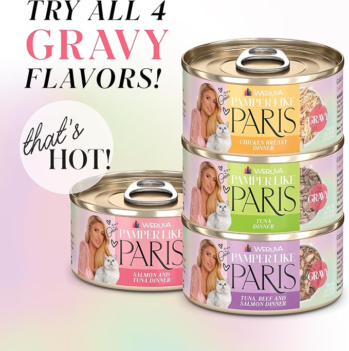 Weruva Paris Hilton Pamper Like Paris Natural Grain Free Wet Cat Food, Salmon and Tuna in Gravy, 2.47oz Can (Pack of 12)