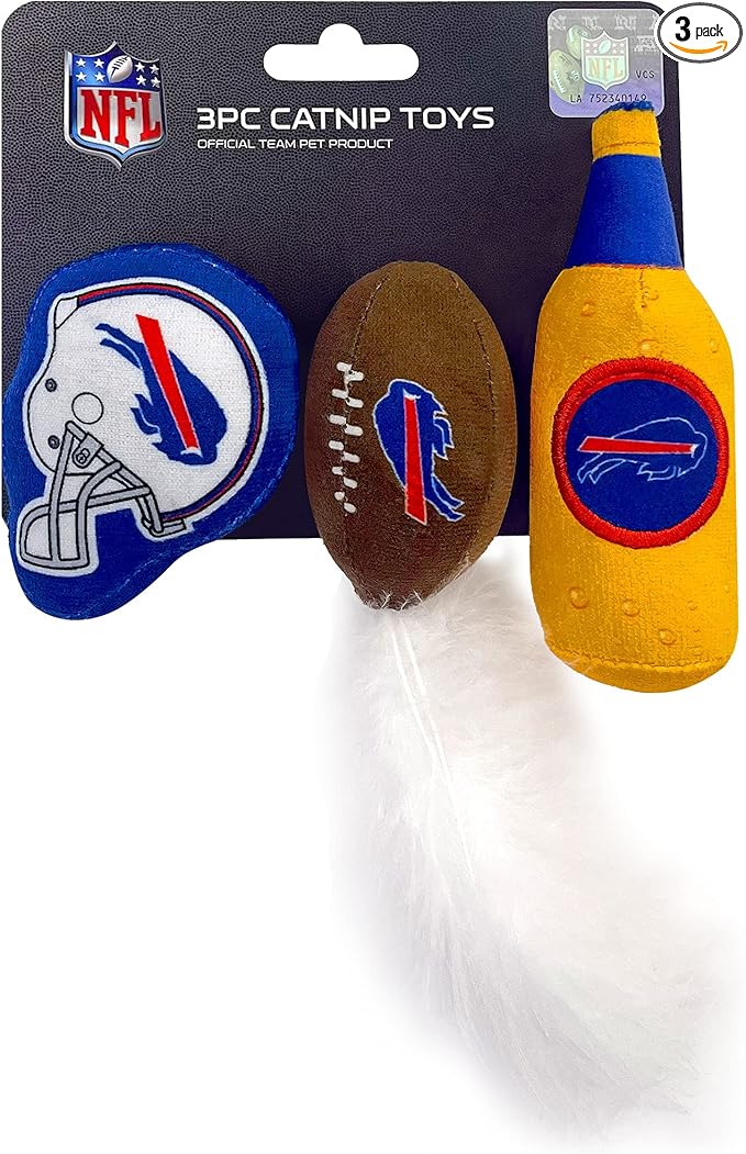 Best Plush CAT Toy - NFL Buffalo Bills Complete Set of 3 Piece Cat Toys Filled with Fresh Catnip. Includes: 1 Helmet Cat Toy, 1 Football Cat Toy with Feathers & 1 Beer Bottle. Beautiful Team Logos