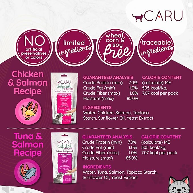 Caru - Daily Dish Smoothies - Lickable Tuna & Salmon Cat Treat - 4 Pouches per Pack - Pack of 6-0.5 oz per Pouch
